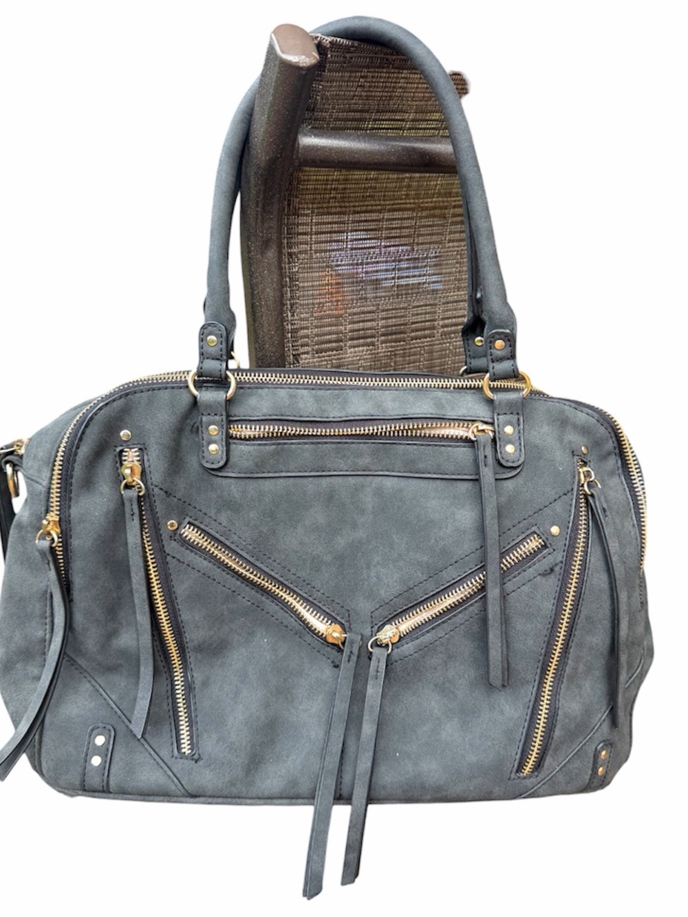 Stylish Gray Double-Handle Satchel Bag with Gold Hardware biker moto bag